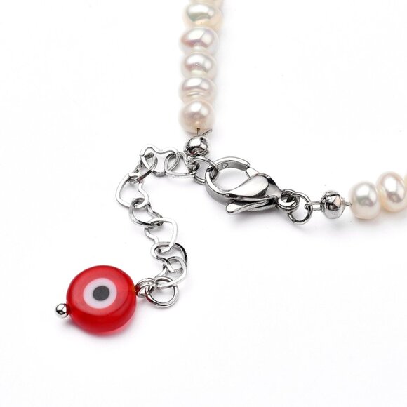 NWOT Natural Fresh water pearl and Carnelian Bracelet with lampwork evil eye - Picture 4 of 4